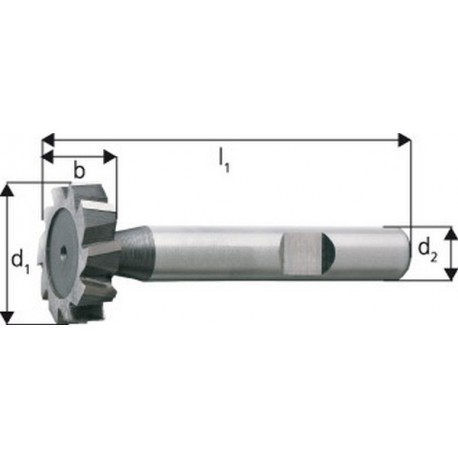 Fraise pour rainures en T - une taille, Ø x Larg. : d1h 11 x b e8 : 22,5 x 4,0 mm, Long. totale l1 63 mm, pour clavette-disque 4,0 x 9 mm,
