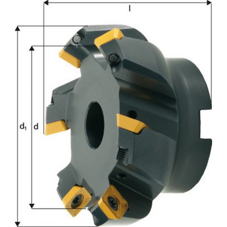 Fraise à surfacer à 45° arrosage interne, Ø d : 50 mm, Nombre de dents 4, Ø du perçage de positionnement 22 mm, Dimensions Ø d1 : 63 mm