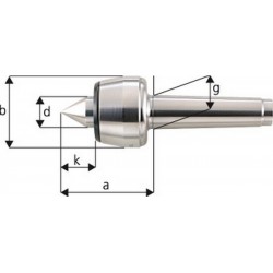 Pointe tournante, Taille : 108, MK 4, a 102,5 mm, b : 70 mm, d : 32 mm, g : 31,267 mm, k : 41,0 mm, Ecart de concentricité maximum : 0,005 mm