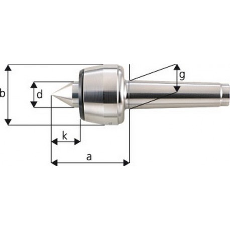 Pointe tournante, Taille : 108, MK 4, a 102,5 mm, b : 70 mm, d : 32 mm, g : 31,267 mm, k : 41,0 mm, Ecart de concentricité maximum : 0,005 mm
