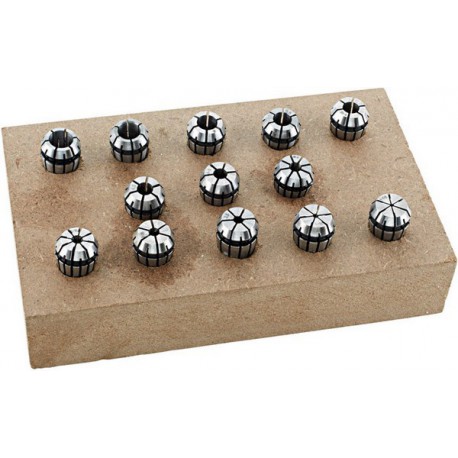 Jeu de pinces de serrage sur socle en bois, Capacité de serrage : 1-7 mm, Pince de serrage type ER11, Contenu 7 éléments
