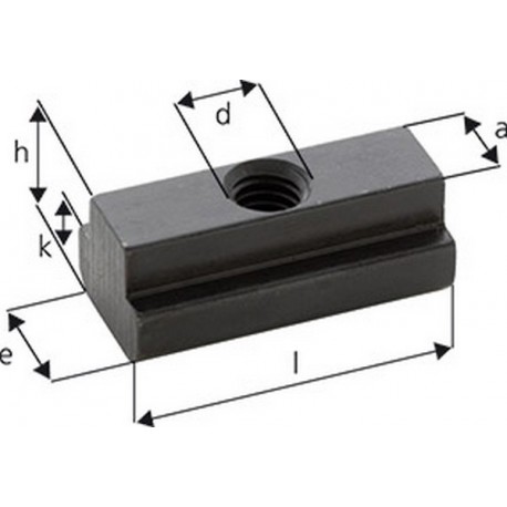 Ecrou pour rainures en T, modèle long, d x rainure en T : M14 x 16, Cote a 15,7 mm, Cote e 25 mm, Cote l : 50 mm, Cote h : 18 mm, Cote k : 9 mm