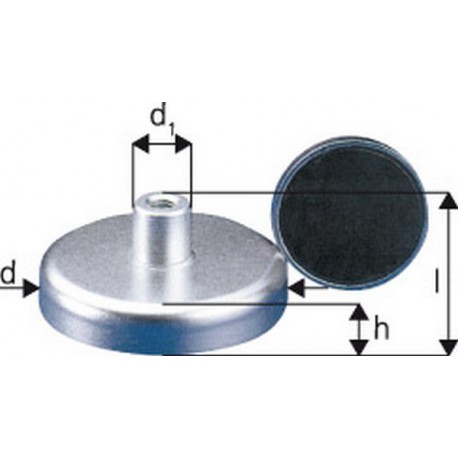 Aimant plat avec manchon taraudé, Ø d : 25 mm, Hauteur totale l 15 mm, Hauteur d'aimant h 7 mm, Ø de la douille d1 : 8 mm, Filetage : M4
