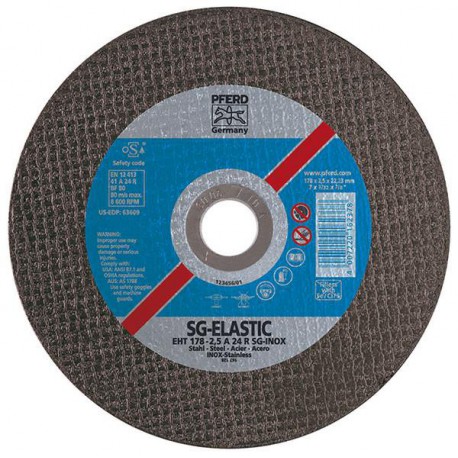 Disque à tronçonner SG-ELASTIC-INOX pour l'usinage de l'acier inoxydable, Ø x Épais. : 178 x 2,5 mm, Modèle Droit, Vitesse maxi. 8600 tr/mn