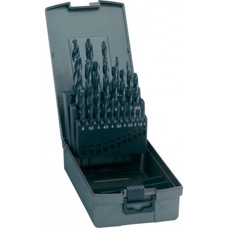 Jeu de forets hélicoïdaux, coffret métallique, en acier à coupe rapide, type N, DIN 338, rectifié, Ø h8 : 1,00-10,00 mm, Nombre de forets 19 pièces