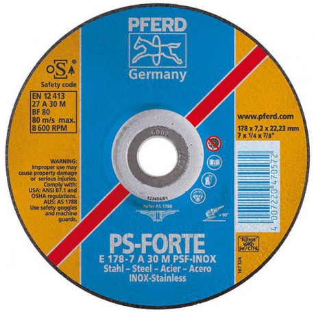 Disque à ébarber PS-FORTE-INOX pour l'usinage de l'acier inoxydable, Ø x Épais. : 178 x 7,2 mm, Modèle Coudé, Vitesse maxi. 8600 tr/mn