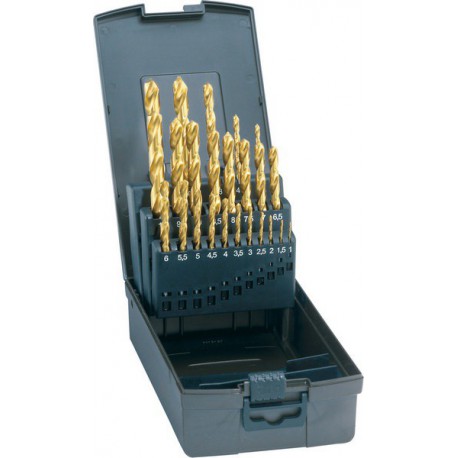 Jeu de forets hélicoïdaux, coffret plastique, acier à coupe rapide, type N, DIN 338, revêtement TiN, Ø h8 : 6,00-10,00 mm, Nombre de forets 41 pièces