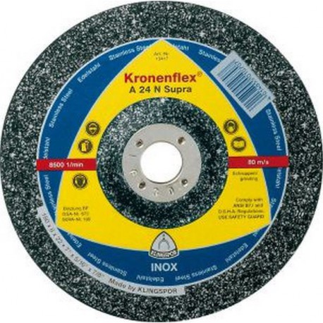Disque à ébarber A 24 N Supra pour l'usinage de l'acier inoxydable, Ø x Épais. : 180 x 8,0 mm, Modèle Coudé, Vitesse maxi. 8500 tr/mn