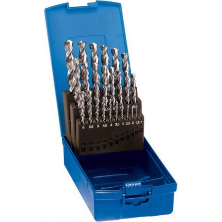 Jeu de forets hélicoïdaux, coffret plastique, en acier à coupe rapide à 5 % de cobalt, type Ti, DIN 338, surface sans revêtement, Ø h8 : 1,00-13,00 mm