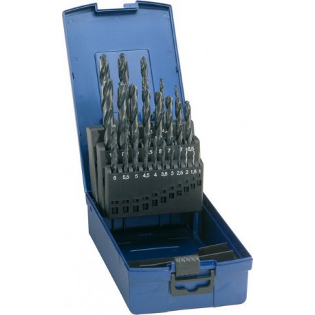 Jeu de forets hélicoïdaux, coffret plastique, en acier à coupe rapide, type N, DIN 338, rectifié, Ø h8 : 1,00-10,50 mm, Nombre de forets 24 pièces