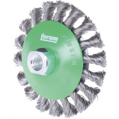 Brosse conique, fil d'acier inoxydable, torsadé, Ø de la brosse : 115 mm, Epaisseur du fil 0,35 mm, Larg. : de travail 15 mm, Vitesse maxi. : 12500 tr/mn