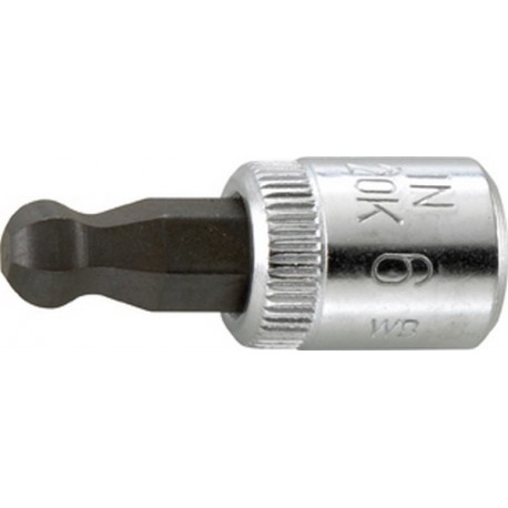 Embout de vissage 1/4'' à tête sphérique pour vis à 6 pans femelle, Cote s/plats : 4 mm, Long. 28 mm