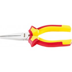 Pince à longs becs VDE, à mors plats, en acier au chrome vanadium, tête chromée, poignées à gaine en plastique, Long. : 160 mm, Long. des becs 46,5 mm