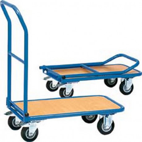 Chariot en tube d'acier avec arceau rabattable, Capacité : 150 kg, Dimensions 815 x 470 x 930 mm, Plateau 720 x 450 mm, Ø de roue : 125 mm, Poids : 16 kg