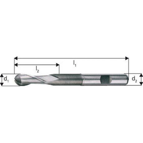 Fraise à bout hémisphérique, longue, Ø d1 - h10 : 4,0 mm, Long. totale l1 63 mm, Lames de l2 11 mm, Ø queue d2 - h6 : 6 mm