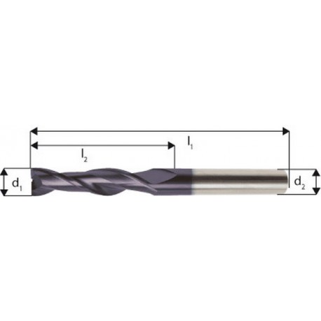 Fraise cylindrique extra longue, en carbure monobloc, Ø d1 - h10 : 8,0 mm, Long. totale I1 100 mm, Long. coupe l2 40 mm, Ø queue d2 - h6 : 8 mm
