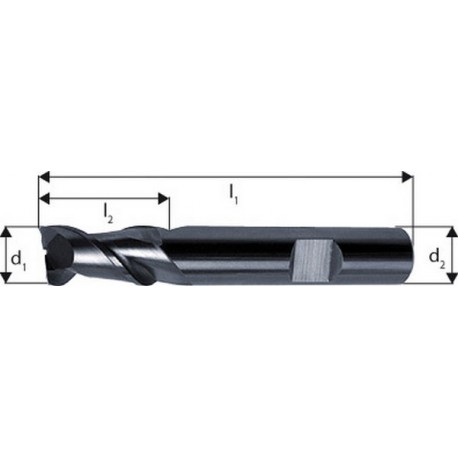 Fraise cylindrique courte, 2 dents, en carbure monobloc pour l'aluminium, Ø d1 - h10 : 20,0 mm, Long. totale l1 92 mm, Long. coupe l2 20 mm