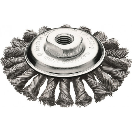 Brosse conique D. 115 mm M14 épaisseur de fil 0,5 mm acier 12 mm 15000 min-¹ LESSMANN