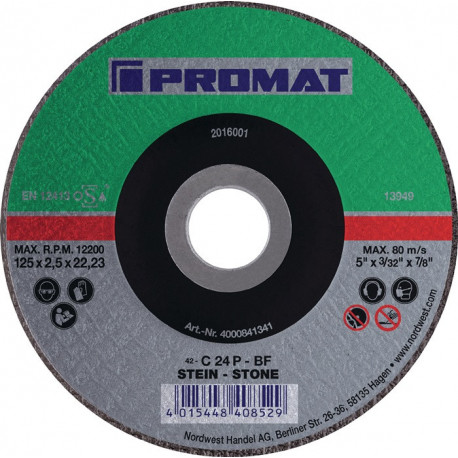 Disque à tronçonner D115x2,5 mm contre-coudé pierre perçage 22,23 mm PROMAT (Par 25)