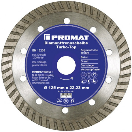 Disque à tronçonner diamant D. 125 mm perçage 22,23 mm âme en acier 10 mm