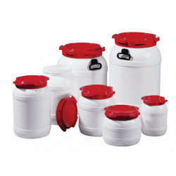Tonnelet cylindrique 680 l PE blanc avec couvercle rouge avec 2 poignées de tra