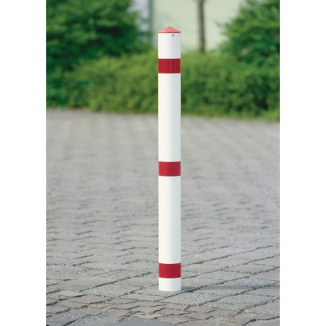 Potelet de blocage acier rouge-blanc D. 76 mm pour encastrer dans le béton avec capuchon en pointe