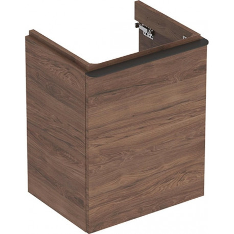 Meuble bas Geberit Smyle Square pour lave-mains,avec une porte: Largeur 49.2cm, Hauteur 61.7cm, Profondeur 40.6cm, Noyer Carya/mélamine structuré bois, gris velouté / thermopoudré mat, Largeur de lavabo:50cm, Charnières à gauche 