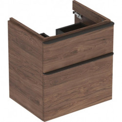 Meuble bas Geberit Smyle Square pour lavabo,avec deux tiroirs: Largeur 58.4cm, Hauteur 61.7cm, Profondeur 47cm, Noyer Carya/mélamine structuré bois, gris velouté / thermopoudré mat