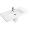 Vasques avec meuble, 800 x 470 mm, Rectangulaire, pour robinetterie à 3 trou s, trou de robinetterie central percé, avec trop-plein, En porcelaine sanitaire Blanc CeramicPlus