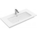 Plans de toilette avec meuble, 800 x 500 mm, Angulaire, pour robinetterie à 3 trou s, trou de robinetterie central percé, avec trop-plein, En porcelaine sanitaire Blanc CeramicPlus