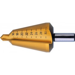 Foret perce-tôle de précision, acier rapide, revêtement TiN, Capacité de perçage : 24-40 mm, Taille 4, Long. totale 89 mm, Long. de la queue : 30 mm