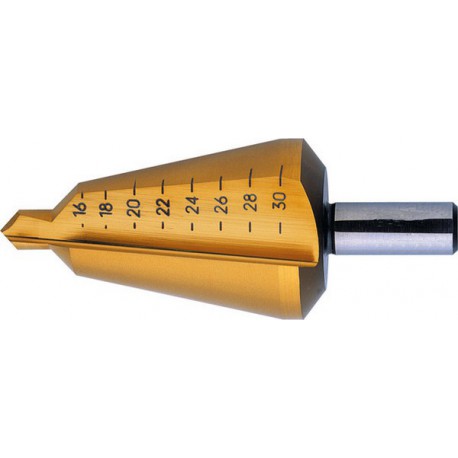 Foret perce-tôle de précision, acier rapide, revêtement TiN, Capacité de perçage : 24-40 mm, Taille 4, Long. totale 89 mm, Long. de la queue : 30 mm