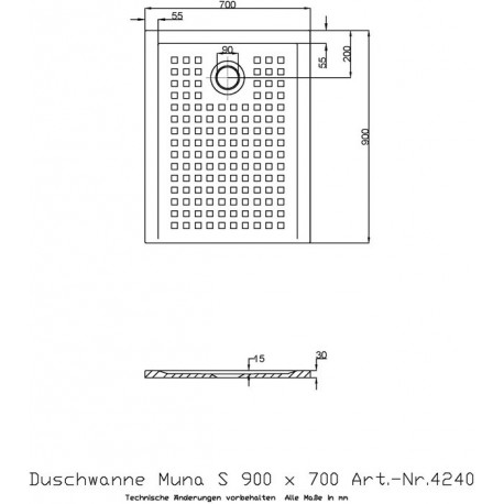 Hoesch Duschwanne MUNA S mit Antirutsch 900x700x30mm weiß