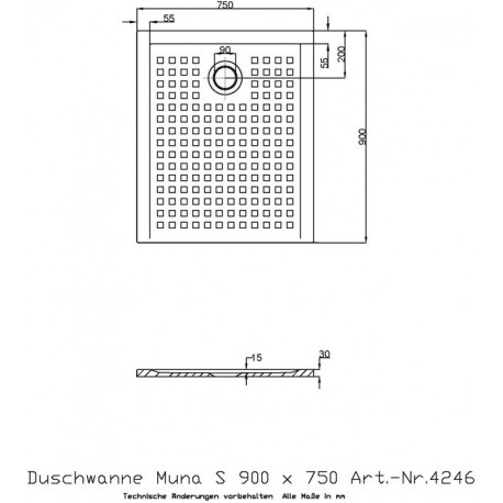 Hoesch Duschwanne MUNA S mit Antirutsch 900x750x30mm weiß