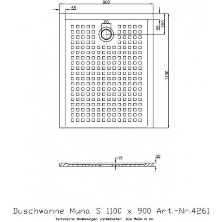 Hoesch Duschwanne MUNA S mit Antirutsch 1100x900x30mm weiß