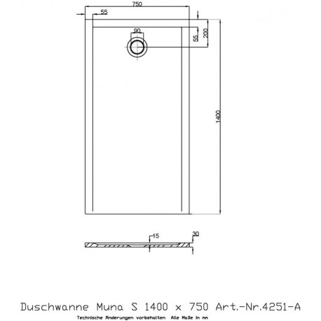 Hoesch Duschwanne MUNA S 1400x750x30mm weiß