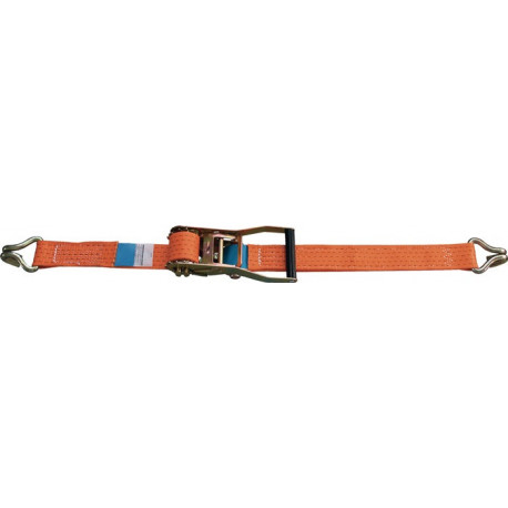 Sangle d'amarrage DIN EN 12195-2 longueur 6 m largeur 50 mm avec rochet + crochets pointu LC U 5000 daN