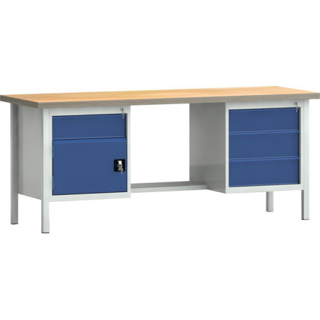 Établi PW 700 l.2000xP700xH840 mm hêtre Multiplex gris clair, RAL 7035 bleu gentiane, RAL 5010 4 tir. 1 porte
